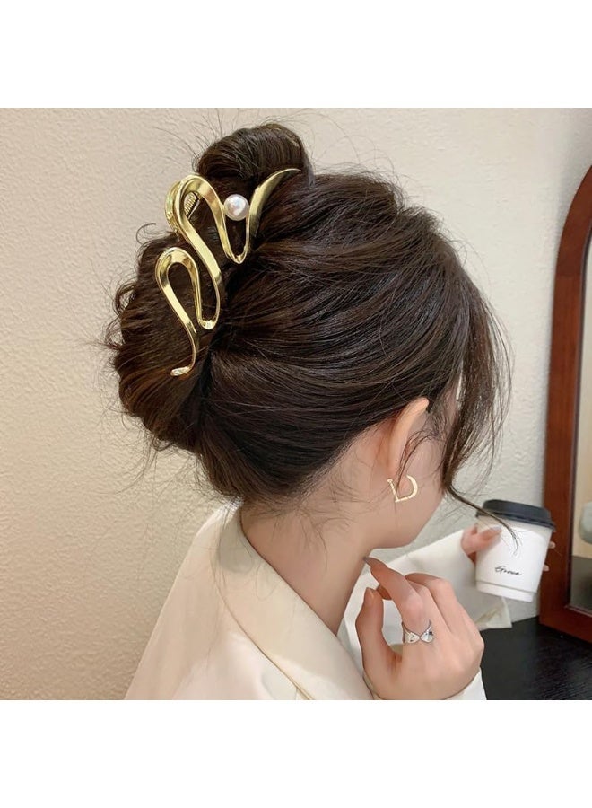 CLENEA 1Pcs Large Hair Claw Clips,Metal Snake Wave Hair Clips with Pearl Design,Strong Hold Hair Jaw Clips for Thick or Thin Hair,Irregular Wave Hair Clamp,No-slip Grip Clips for Women (Gold) - Image 4